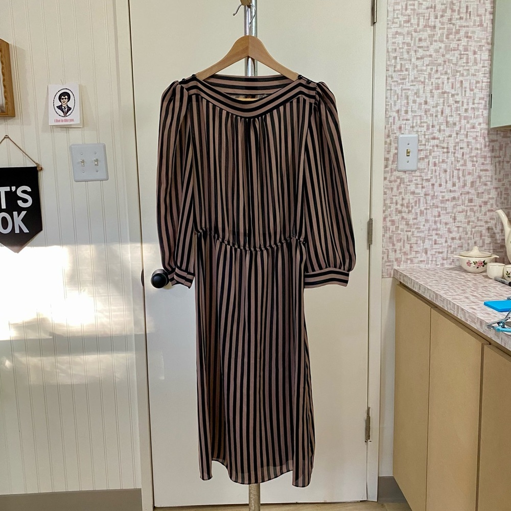 Vintage 1980s Sheer Black & Tan Striped Secretary Dress (As-Is)